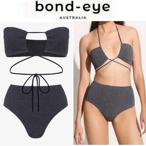 Bond-Eye Margarita Bandeau Top & Palmer Brief In Navy Lurex Swimsuit Set Nwt